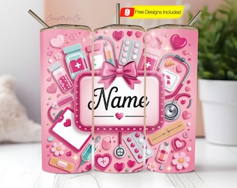 Diseño personalizado para vaso de enfermera (PNG), regalo para estudiantes de enfermería, diseño delgado para sublimación de 20 oz, temática de enfermería, descarga digital, rosa personalizado