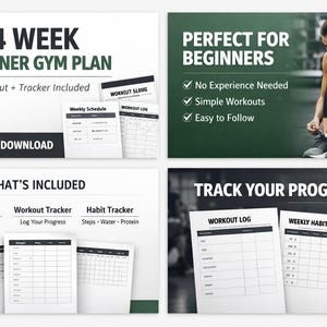 Beginner Gym Workout Plan PDF | 4 Week Fitness Program | Workout Tracker Printable | Gym Guide for Beginners | Fitness Planner