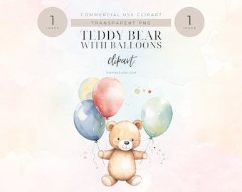 Watercolor Rainbow Teddy Bear Clipart, Baby Shower Clipart, Watercolor Teddy, Cute Teddy Clipart, Teddy Bear Balloons, Bear With Balloons