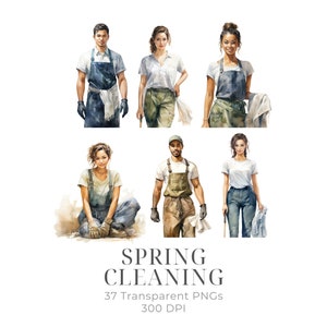 May include: Six people wearing different outfits and holding cleaning supplies. The people are all smiling and looking at the camera. The text "SPRING CLEANING" is written in large letters at the bottom of the image. The text "37 Transparent PNGs 300 DPI" is written in smaller letters below the main text.