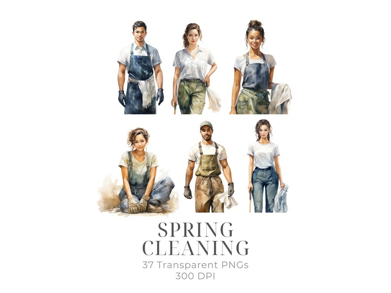 May include: Six people wearing different outfits and holding cleaning supplies. The people are all smiling and looking at the camera. The text "SPRING CLEANING" is written in large letters at the bottom of the image. The text "37 Transparent PNGs 300 DPI" is written in smaller letters below the main text.