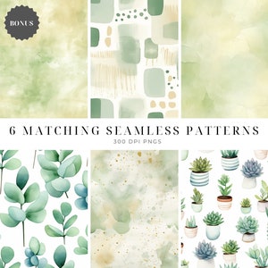 May include: Six watercolor seamless patterns featuring green and gold colors. The patterns include abstract shapes, succulents in pots, and eucalyptus leaves.
