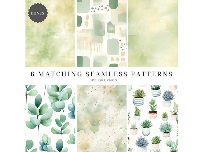 May include: Six watercolor seamless patterns featuring green and gold colors. The patterns include abstract shapes, succulents in pots, and eucalyptus leaves.