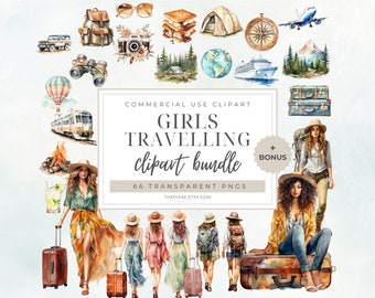 Travel Girl Clipart, Traveler Girl PNG, Travel Lady Clipart, Girls Travelling Clipart, Girls Trip, Girls Vacation, Watercolor Clipart