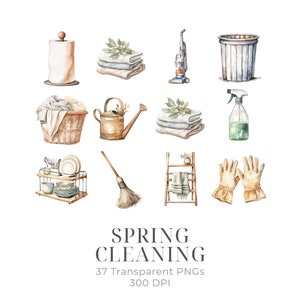 May include: A watercolor illustration of spring cleaning supplies, including a broom, a dustpan, a vacuum cleaner, a trash can, a spray bottle, a watering can, a ladder, a dish rack, a basket of laundry, a roll of paper towels, and a pair of gloves. The illustration is in a light, whimsical style and features a variety of colors, including green, brown, and white.