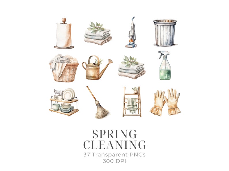 May include: A watercolor illustration of spring cleaning supplies, including a broom, a dustpan, a vacuum cleaner, a trash can, a spray bottle, a watering can, a ladder, a dish rack, a basket of laundry, a roll of paper towels, and a pair of gloves. The illustration is in a light, whimsical style and features a variety of colors, including green, brown, and white.