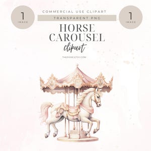 Puede incluir: Ilustración en acuarela de un tiovivo de caballos en tonos rosa y crema. El tiovivo presenta un caballo blanco con crin y cola rosas, y un dosel decorativo. El texto dice "HORSE CAROUSEL clipart".