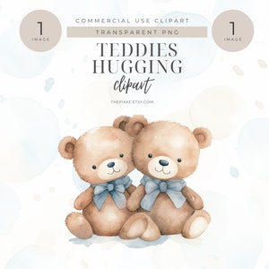 Watercolor Blue Teddy Bears Clipart, Baby Shower Clipart, Watercolor Teddy Bears, Cute Teddy Bears Hugging Clipart, PNGs