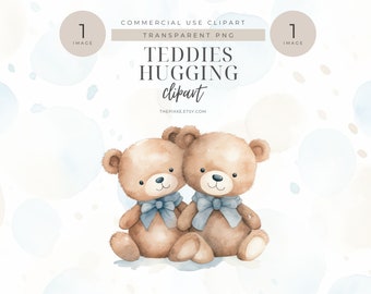 Watercolor Blue Teddy Bears Clipart, Baby Shower Clipart, Watercolor Teddy Bears, Cute Teddy Bears Hugging Clipart, PNGs