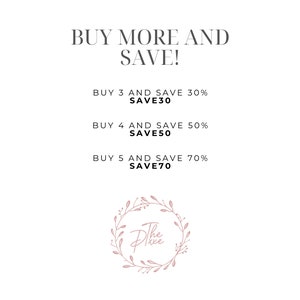 May include: Buy more and save! Buy 3 items and save 30%, buy 4 items and save 50%, buy 5 items and save 70%. The text is in black against a white background. The logo is a wreath of pink flowers with the text "The Pixie" in black.