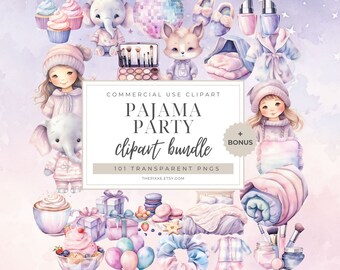 Peut inclure: Une illustration aquarelle d'un lot de clipart de pyjama party avec 101 PNG transparents. L'illustration présente une variété de personnages et d'objets mignons, notamment une fille en pyjama, un éléphant, un renard, un lit, un cadeau, un cupcake et une palette de maquillage. Le texte "Pajama Party clipart bundle" est écrit dans une police décorative.