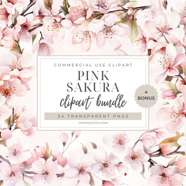 Sakura Clipart, Cherry Blossoms Clipart, Sakura Watercolor, Pink Flower Clipart, Spring Flower PNG, Japanese Clipart, Watercolor Flowers