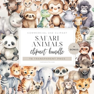 Safari Animals Clipart, Watercolor Clipart, Safari Animal PNG, Safari Nursery Decor, Safari Baby Shower, Watercolor Animals