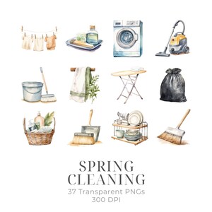May include: A set of watercolor illustrations depicting various cleaning supplies and tools, including a broom, dustpan, bucket, mop, vacuum cleaner, laundry basket, ironing board, and a washing machine. The illustrations are in a light, whimsical style and are perfect for use in spring cleaning themed projects.