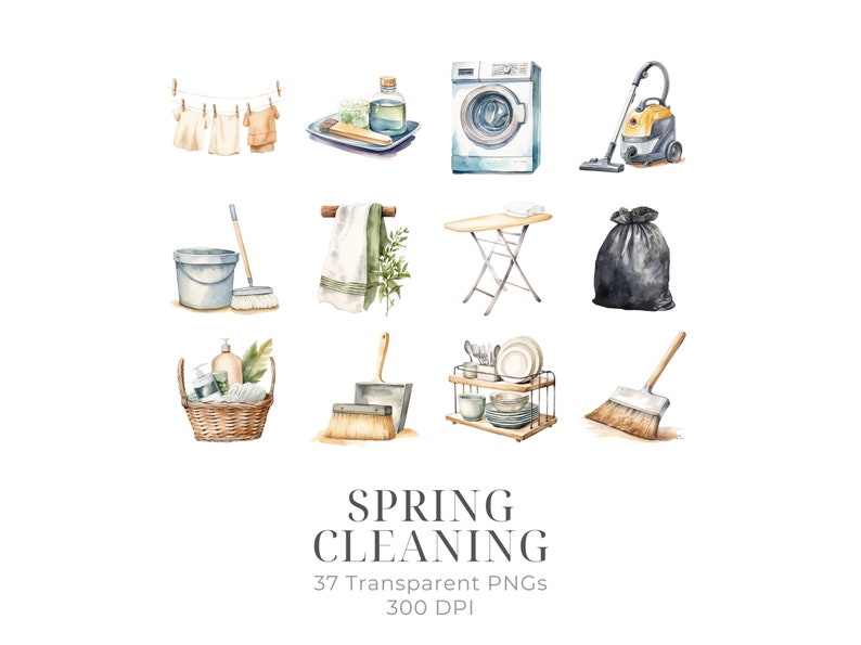 May include: A set of watercolor illustrations depicting various cleaning supplies and tools, including a broom, dustpan, bucket, mop, vacuum cleaner, laundry basket, ironing board, and a washing machine. The illustrations are in a light, whimsical style and are perfect for use in spring cleaning themed projects.
