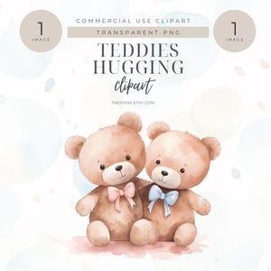 Watercolor Pink and Blue Teddy Bears Clipart, Baby Shower Clipart, Watercolor Teddy Bears, Cute Teddy Bears Hugging Clipart, Genre Reveal