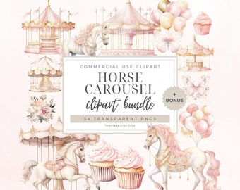 Watercolor Horse Carousel Clipart, Boho Pink and Gold Magical Graphics, Pegasus, Carousel, Pony Clipart, Nursery Decor, Baby Shower Clipart