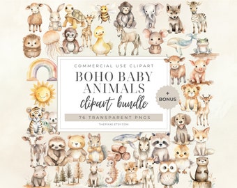Watercolor Boho Baby Animals Clipart, Baby Shower Clipart, Watercolor Animals, Baby Animal Clipart, Boho Nursery Room, Bohemian Nursery