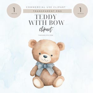 Watercolor Blue Teddy Bear Wearing Bow Clipart, Baby Shower Clipart, Watercolor Teddy Bear, Cute Teddy Bear Wearing Bow Tie Clipart, PNGs