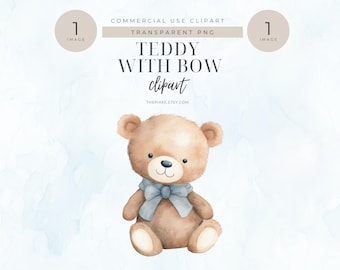 Watercolor Blue Teddy Bear Wearing Bow Clipart, Baby Shower Clipart, Watercolor Teddy Bear, Cute Teddy Bear Wearing Bow Tie Clipart, PNGs