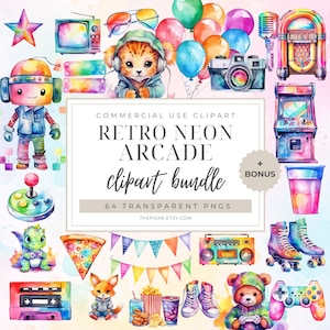May include: A set of 64 watercolor clipart images featuring retro neon arcade themes. The clipart includes a robot, a tiger, a jukebox, a game console, a camera, roller skates, a pizza slice, a cassette tape, a fox, a bear, a popcorn bucket, a soda cup, and a gamepad. The clipart is perfect for creating invitations, party decorations, scrapbooking, and other craft projects.