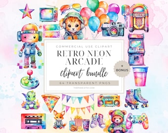 Arcade Game Clipart, Retro Gaming Clipart, Retro Arcade Clipart, Neon Video Game PNG, 80s Arcade Clipart, Neon Party Elements