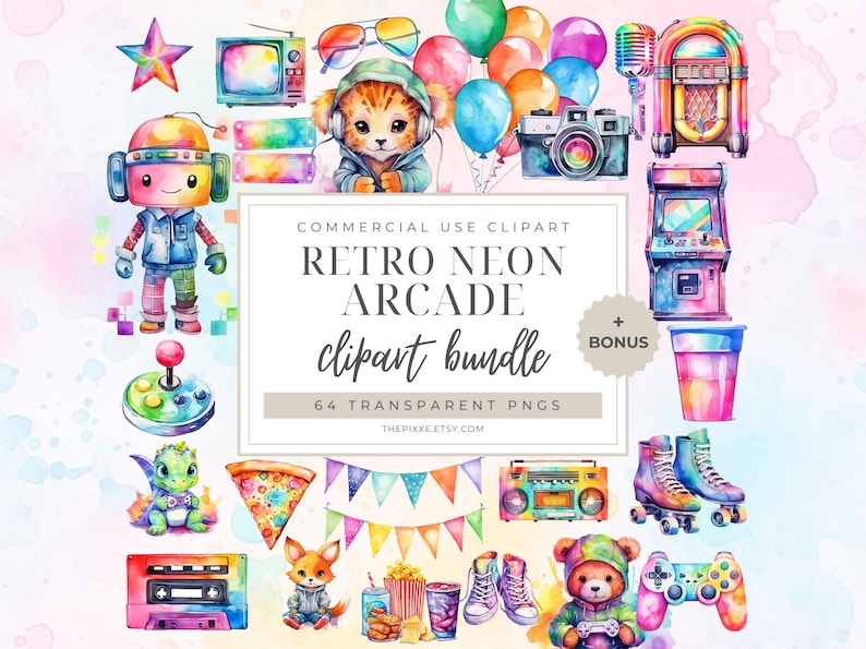 Arcade Game Clipart, Retro Gaming Clipart, Retro Arcade Clipart, Neon ...