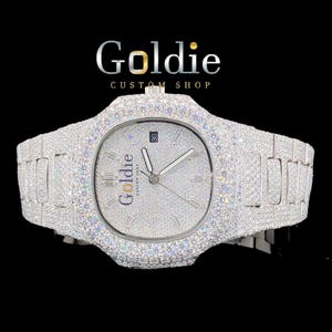 Iced Out Moissanite Automatic Watch, VVS1 Diamond Alternative, Handmade Headset Setting