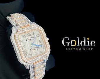 Iced Out Moissanite Automatic Watch, VVS1 Diamond Alternative, Handmade Headset Setting