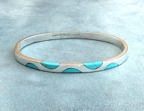 Taxco Inlaid Turquoise Sterling Silver Hinged Bangle 6-1/2" Squared Edges View 2
