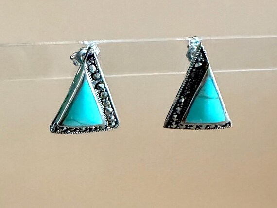 Turquoise Marcasite Triangle Sterling Silver Earrings