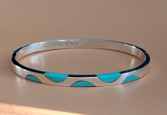 Taxco Inlaid Turquoise Sterling Silver Hinged Bangle 6-1/2" Squared Edges View 6