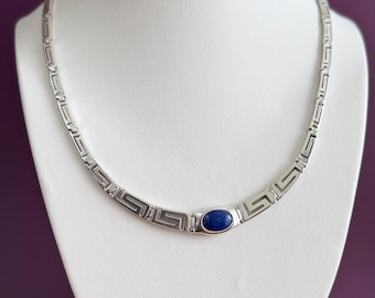 Greek Key Sterling Silver Necklace Lapis Lazuli Cabochon 17"