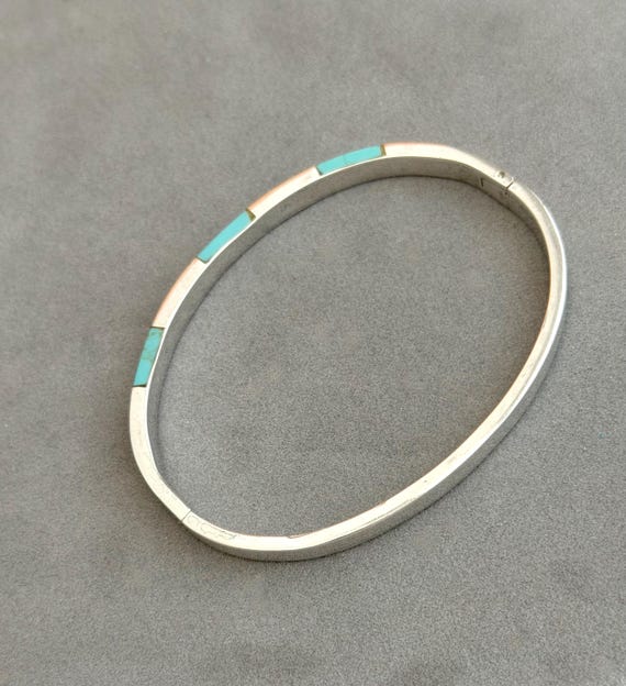 Taxco Inlaid Turquoise Sterling Silver Hinged Bangle 6-1/2" Squared Edges View 3
