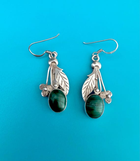 Vintage Sterling Silver Malachite Leaf & Flower Drop Earrings