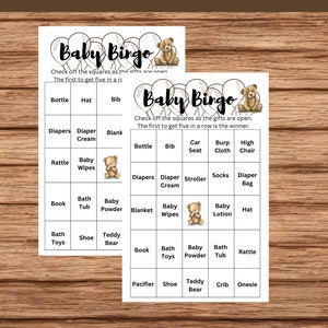 50 cartes de bingo pré-remplies pour baby shower, jeu de bingo pour baby shower, thème nounours, jeux imprimables pour baby shower, activité baby shower neutre