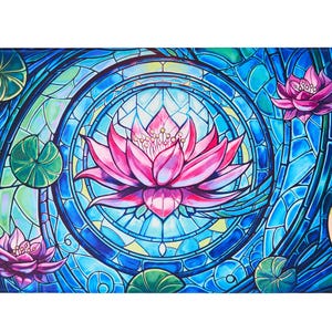 May include: A blue and green stained glass design with pink lotus flowers. The design features a circular pattern with a central lotus flower and two smaller lotus flowers on either side.