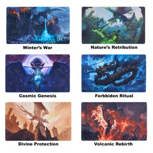 May include: Six different fantasy-themed playmats featuring dragons in various poses and settings. The playmats are rectangular and have a colorful, detailed design.