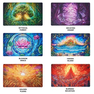 May include: Six different stained glass style illustrations of fantasy landscapes. The images are titled "Mythical Forest", "Decaying Swamp", "Blossom Grace", "Hidden Island", "Golden Plains", and "Burning Mountain".
