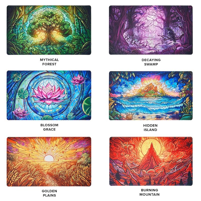 May include: Six different stained glass style illustrations of fantasy landscapes. The images are titled "Mythical Forest", "Decaying Swamp", "Blossom Grace", "Hidden Island", "Golden Plains", and "Burning Mountain".