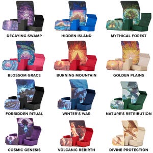 May include: Twelve different dice tower boxes with various fantasy-themed designs. Each box is made of cardboard and features a different color scheme and design. The boxes are all closed and stacked on top of each other.
