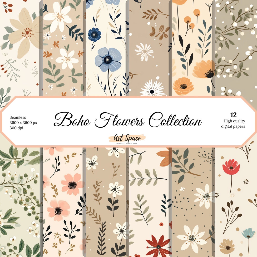 Boho Flowers Digital Paper, Seamless Patterns, Scrapbook Papers, Boho ...