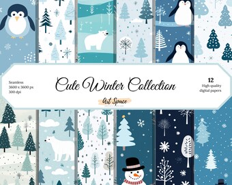 Cute Winter Digital Paper, Seamless Patterns, Scrapbook Papers, Backgrounds, Printable, Instant Download, Commercial Use