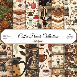 Puede incluir: Un paquete de papel digital con 12 diseños diferentes con ilustraciones de temática de café. Los diseños incluyen granos de café, tazas de café, cafeteras y cafeterías. El texto "Coffee Power Collection" se muestra en el centro de la imagen.