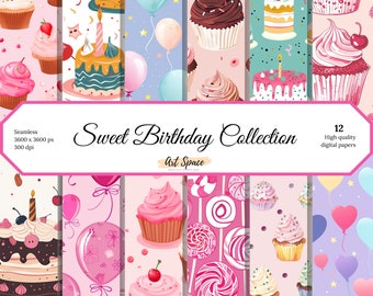 Sweet Birthday Digital Paper, Seamless Patterns, Scrapbook Papers, Birthday Backgrounds, Printable, Instant Download, Commercial Use