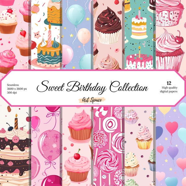 Sweet Birthday Digital Paper, Seamless Patterns, Scrapbook Papers, Birthday Backgrounds, Printable, Instant Download, Commercial Use