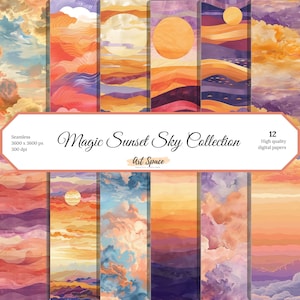 May include: A collection of 12 digital papers featuring sunset sky designs. The papers showcase abstract landscapes with warm colors like orange, purple, and yellow. The text "Magic Sunset Sky Collection" is displayed on the image.