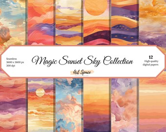 Papel digital Magic Sunset Sky, padrões sem costura, papéis de scrapbook, fundos de céu, para impressão, download instantâneo, uso comercial