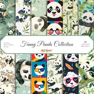 May include: A collection of 12 high-quality digital papers featuring various panda designs. The papers showcase pandas in different poses, some wearing glasses, set against floral and bamboo backgrounds. The text "Funny Panda Collection" is displayed.