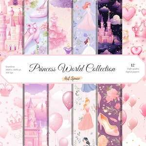 Carta digitale Princess World Party, modelli senza soluzione di continuità, carte per album, sfondi, stampabili, download immediato, uso commerciale